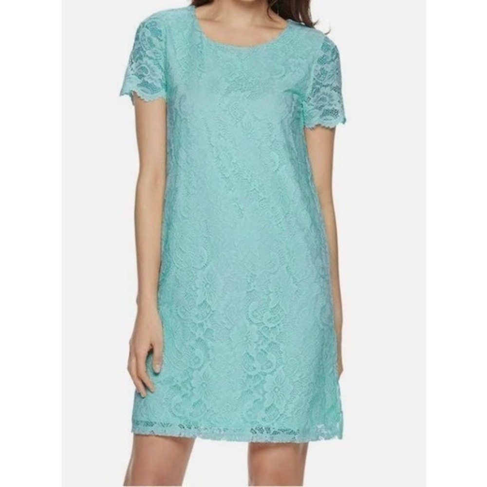 JUICY COUTURE Aqua Blue Lace Womens Short Sleeve Lined Shift Dress size medium